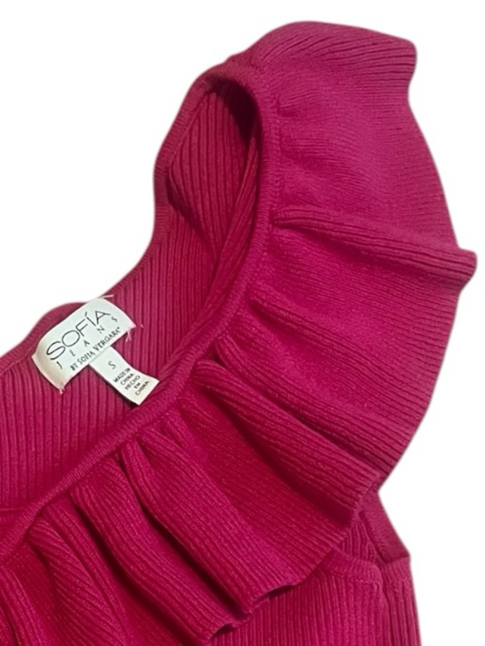 Sofía Jeans One Shoulder Ruffle Top Magenta Ribbed Stretch Size S - Picture 10 of 11